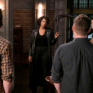 Supernatural -- "Galaxy Brain" -- Image Number: SN1512b_0016b.jpg -- Pictured (L-R): Jared Padalecki as Sam, Lisa Berry as Billie, Jensen Ackles as Dean and Misha Collins as Castiel -- Photo: Bettina Strauss/The CW -- © 2020 The CW Network, LLC. All Rights Reserved.
