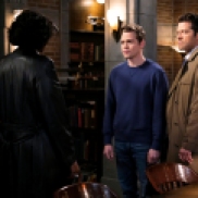 Supernatural -- "Galaxy Brain" -- Image Number: SN1512b_0087b.jpg -- Pictured (L-R): Lisa Berry as Billie, Alexander Calvert as Jack and Misha Collins as Castiel -- Photo: Bettina Strauss/The CW -- © 2020 The CW Network, LLC. All Rights Reserved.